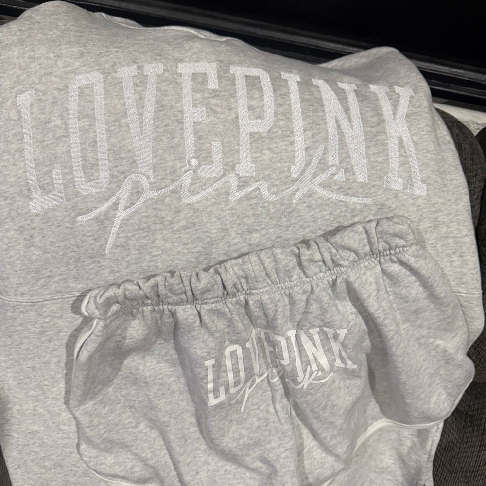 Gray LOVE PINK Sweatshirt and  Shorty Shorts Set